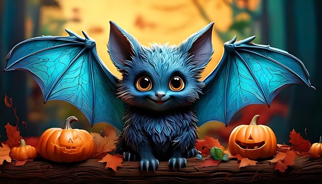 Cute blue fluffy bat creature sitting with pumpkins for Halloween.