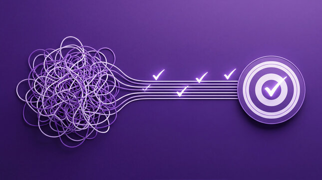 Process optimization from chaos to order, tangled lines straightening into clean checks on target, representing workflow simplification and goal achievement