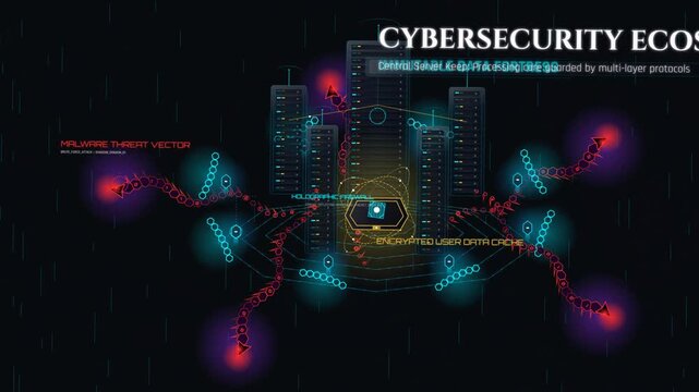 Abstract cybersecurity ecosystem visualization with malware threat vectors attacking a holographic firewall and encrypted user data cache server