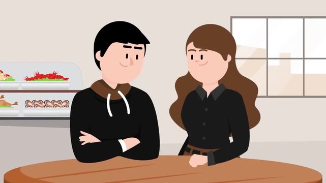 Happy young couple sitting together in restaurant conversation animation showing casual dining lifestyle in modern vibrant flat vector motion footage