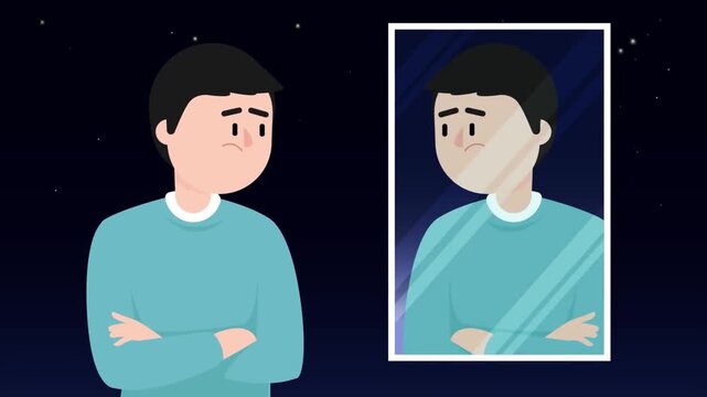 Sad man looking at his own reflection in a large mirror within this animated digital motion footage vector style clip