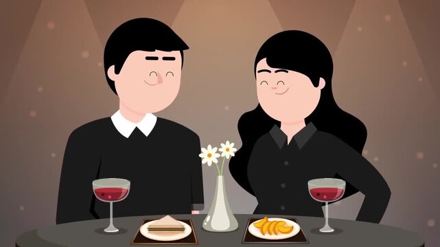 Animated couple enjoying romantic dinner date with red wine and food in flat vector style motion graphic design loop clip