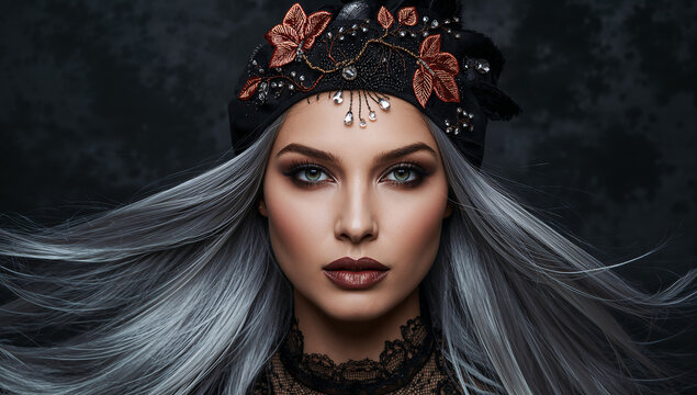 Woman with silver hair and ornate dark costume for halloween portrait halloween mysterious headpiece dramatic celebration expression darkness professional accessories character theatrical