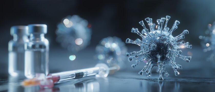 Vaccine and virus concept with syringe and vial.
