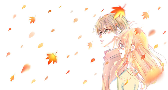 外出する男女　紅葉　横側