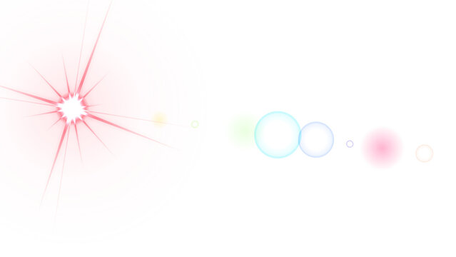Bright starburst light effect with colorful lens flare circles isolated on a solid black background
