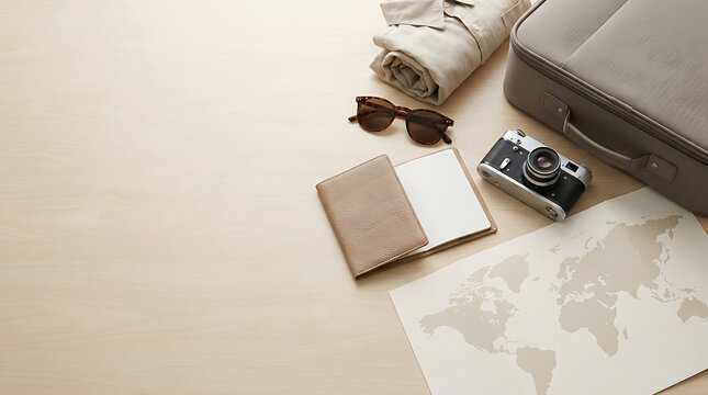 Travel accessories including a suitcase, camera, and world map on a wooden surface