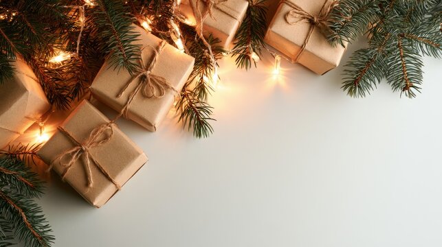 Wrapped gifts with twine, pine branches, and warm string lights create a cozy, festive holiday scene on a light background.