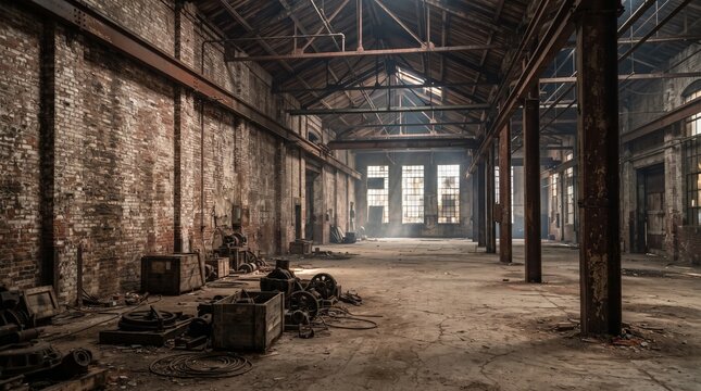 Industrial abandoned warehouse interior, rustic derelict factory hall with brick walls, empty old workshop with steel beams and natural light