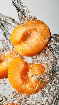 Juicy apricot halves splashing into clear water, highlighting freshness and vibrancy with dynamic water movement.
