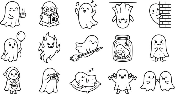 A collection of whimsical ghost illustrations displayed in a grid arrangement featuring black lines on a white background apparition ectoplasm