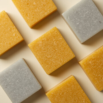Mustard and gray modular tiles arranged in geometric pattern on clean surface for branding design