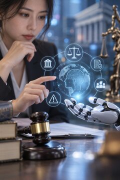 Businesswoman managing AI ethics and legal compliance, with policy control, corporate agreements, and a governance framework for responsible artificial intelligence.