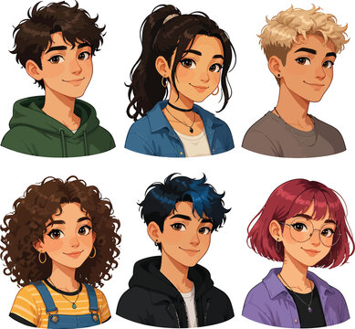 Diverse Gen Z teen avatars vector set with young modern character portraits isolated on white.