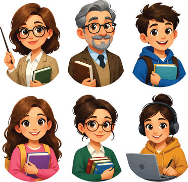 Diverse group of cartoon students and teachers with books and laptop