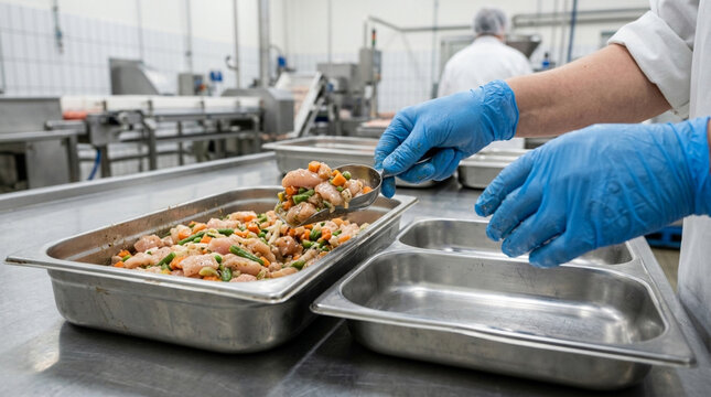 Food Service Worker Preparing Meals in Commercial Kitchen