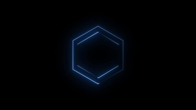 blue neon hexagon outline animation with glowing segmented lines on dark futuristic background.