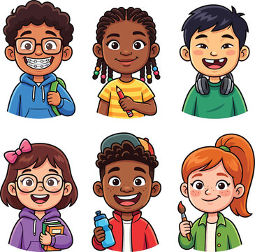Diverse happy cartoon school children avatars group on white showing youth education and friendship.