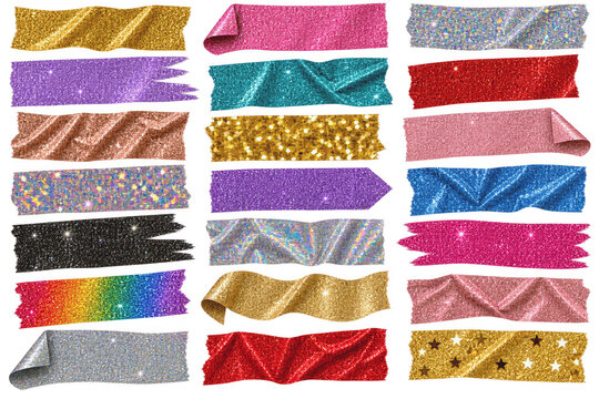 Collection of colorful glitter adhesive tape strips, 3D render of sparkling shiny tape pieces on transparent background for festive digital design, scrapbooking, and creative social media graphics
