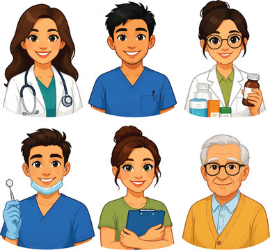 Diverse healthcare professionals and an elderly patient depicted as smiling cartoon avatars
