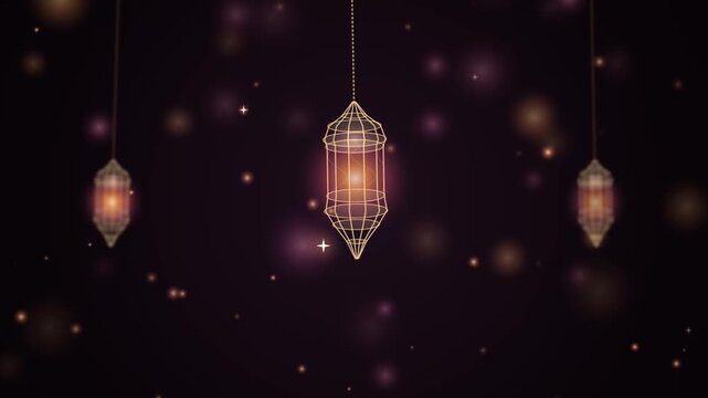Golden hanging lanterns with glowing warm lights in a dark starry night sky for ramadan celebration and islamic festival background 4k Motion Video