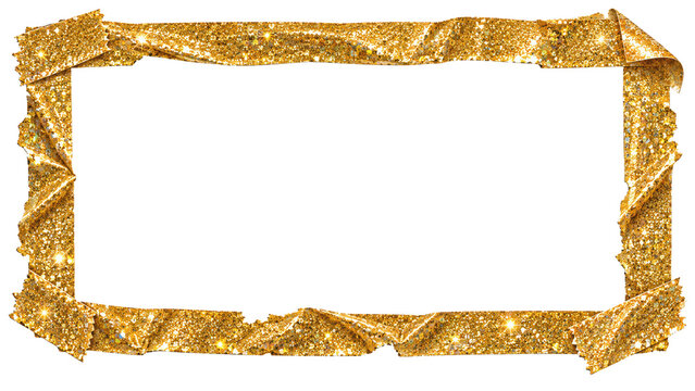 Gold glitter tape frame, rectangular border made of sparkling metallic adhesive strips on transparent background for luxury design, posters, and invitations