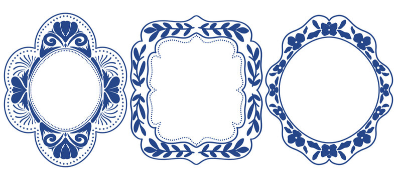A collection of classic blue and white ceramic style ornamental frames with floral and leaf motifs isolated on white background. Elegant decorative borders perfect for pottery style designs & label