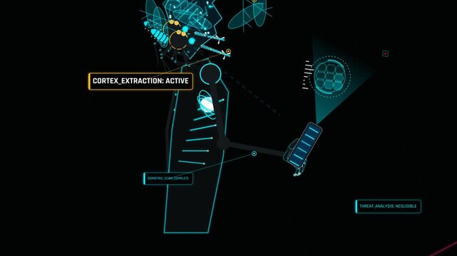 Abstract futuristic HUD animation showing cyber parasitism data harvesting and encrypted payload transfer in a sci-fi digital network interface