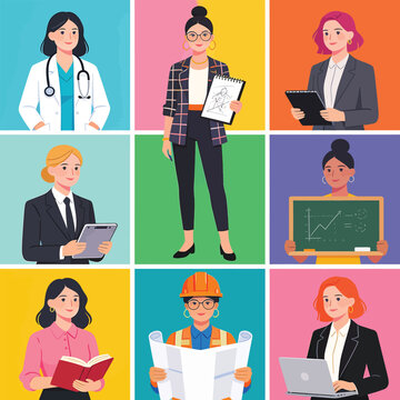 Diverse professional women in various career roles vector illustration set