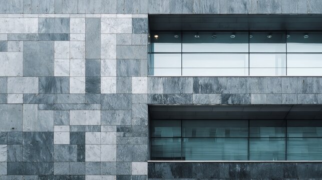 Modern building facade exhibiting gray stone texture, minimalist design, showcasing architecture and urban setting for commercial use