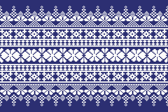 Traditional Hmong Tribal Ethnic Pattern, Deep Royal Indigo Navy Geometric Cross Stitch Textile Motif