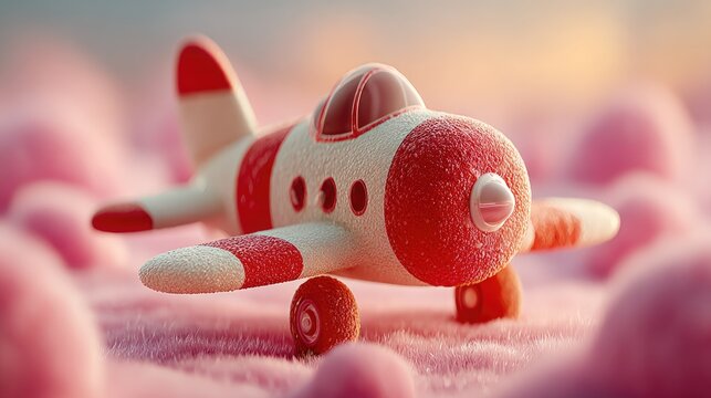 Tiny toy airplane on pink cloud