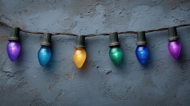 Colorful Christmas lights strung on a rustic gray wall