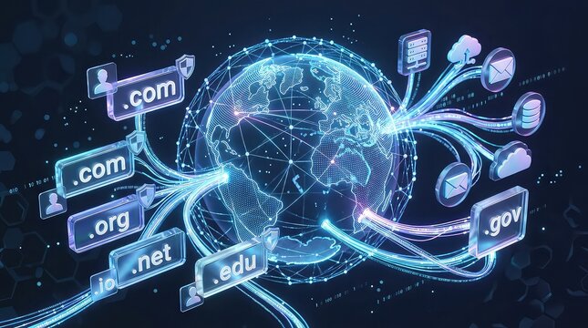 Global domain name system and web hosting concept. Glowing digital globe with fiber optic network cables connecting com, org, net, and gov domain extensions. Futuristic cyberspace infrastructure