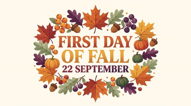 First Day of Fall greeting card, autumn equinox 22 September banner, seasonal wreath with pumpkins and maple leaves