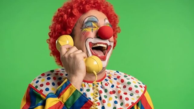 Happy clown talking on a vintage yellow phone on green background