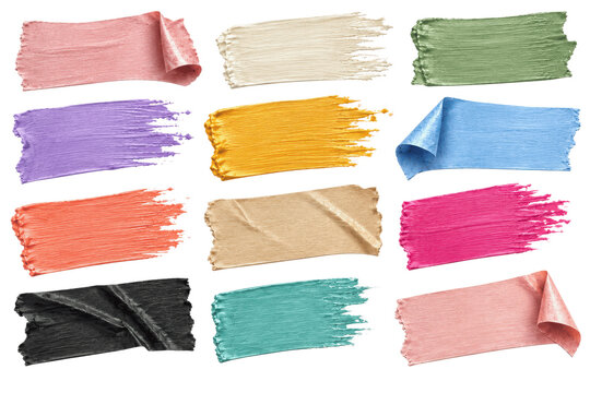 Collection of colorful 3d paint strokes and adhesive tape strips isolated on white, high quality textured brush marks for branding, digital design, and social media creative assets