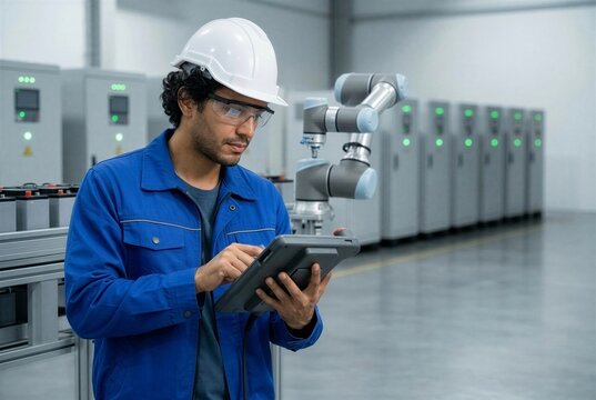 Hispanic male robotics engineer using teaching pendant controlling cobot arm in smart factory