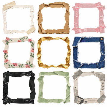 Collection of square frames made from torn paper, denim, and adhesive tape, various textured borders isolated on white background for creative design projects