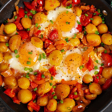 Healthy Homemade Breakfast with Eggs and Vegetables. Top view, texture
