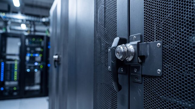 Secure server rack with lock, data center interior, cybersecurity and data protection concept, modern technology infrastructure, blue lighting, network equipment, safe storage environment