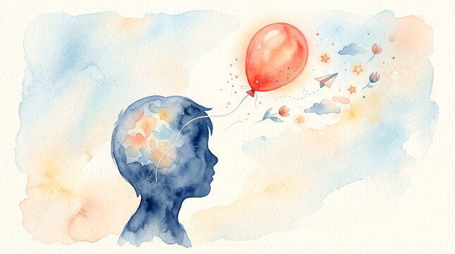 A watercolor illustration depicting the concept of the inner child state of mind: a balloon floats out of the silhouette of a child's head, symbolizing childhood memories, emotional healing, and pla