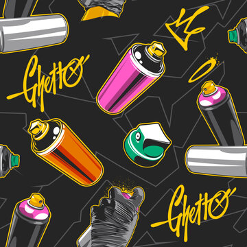 Graffiti seamless pattern with spray paint cans, caps and lettering tags on dark background