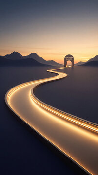 Golden road toward distant mount with glowing path leading to long term success arch at sunset