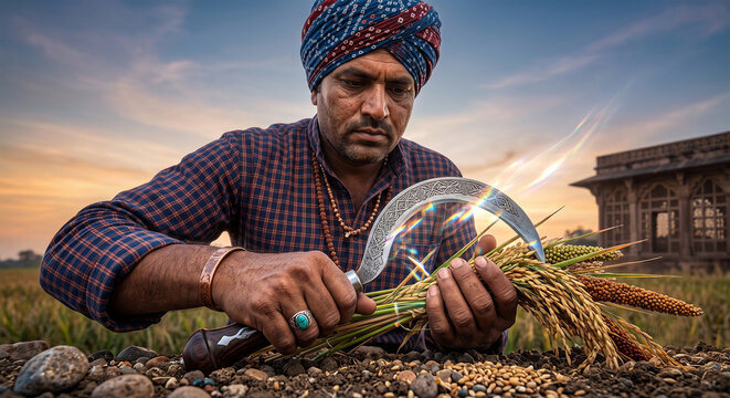 Indian farmer wearing turban harvesting rice crop with sickle in golden paddy field at sunset