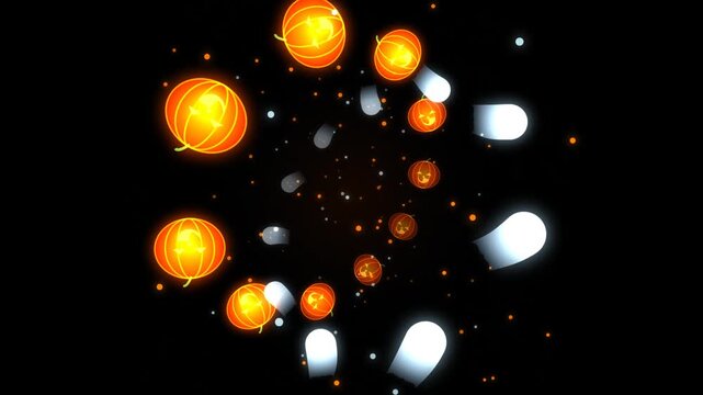 Abstract spiral background with glowing orange chinese lanterns and floating white light particles in dark space for festive celebration and night event decoration design 4k Motion Video