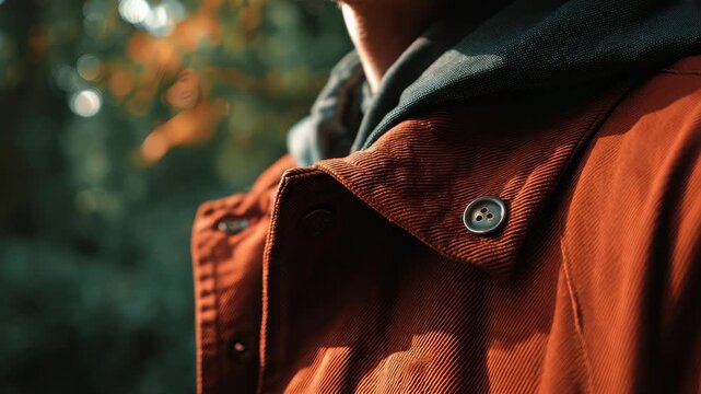 Close up of a person wearing a stylish rust colored corduroy jacket with a black hoodie underneath in a natural outdoor setting. Warm autumn sunlight highlights the textured fabric