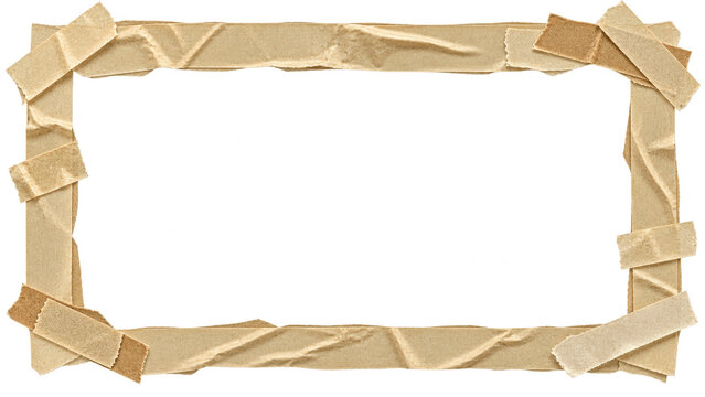 Rectangular frame made of torn kraft paper tape strips, realistic 3D render isolated on a transparent background, perfect for photo borders, web design, and digital scrapbooking layouts