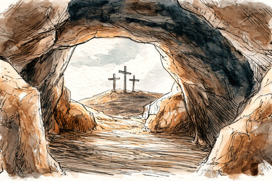 A cave shows a landscape with three crosses on a hill under a cl