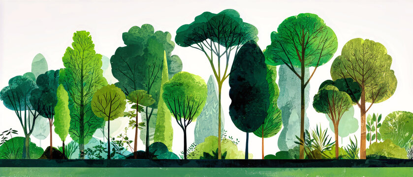 Different types of trees and plants fill the landscape under bri